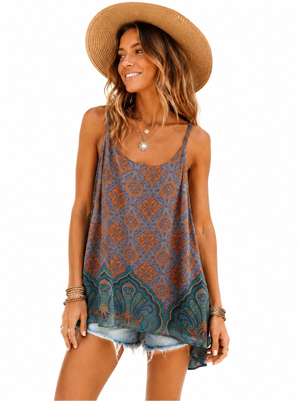 Cabi Sheer Overlay Flowy Tunic Top – Boho Print